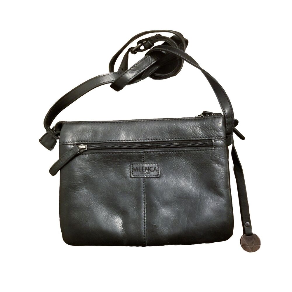 Vilenca Holland Crossbody Bag Black Woven Leather Multiple Compartment 9x7x3
